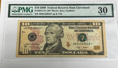 $10 2009 Note Cleveland Fr#2041-D* PMG 30 Very Fine JD01529019* - Image 1 of 4