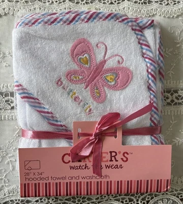 CARTER’ S Butterfly 28" X 34" Hooded Towel & Washcloth Set Pink/Blue Trim NEW - Image 1 of 4