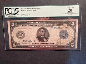 ONE 1914 $5. MINNEAPOLIS FEDERAL RESERVE NOTE- PCGS. VF 20 - Picture 1 of 3