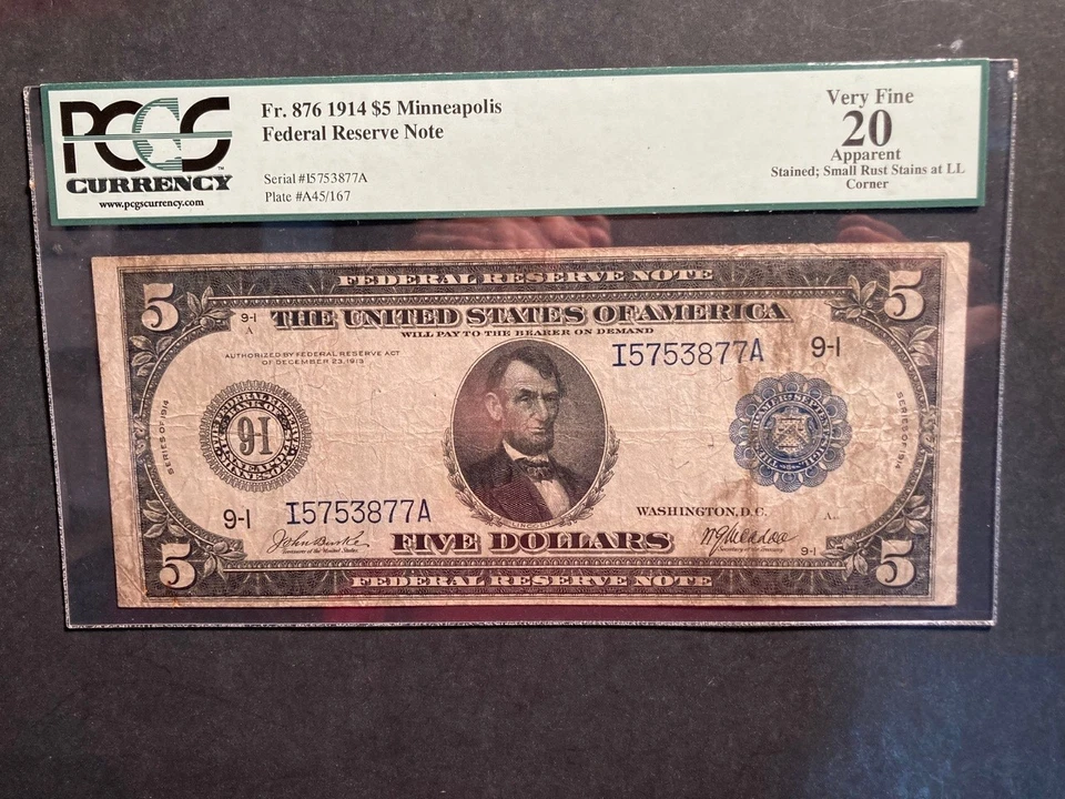 ONE 1914 $5. MINNEAPOLIS FEDERAL RESERVE NOTE- PCGS. VF 20 - Image 1 of 3