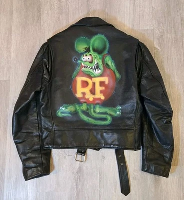 Chaqueta de cuero vintage para hombre XL negra Rat Fink motocicleta con cinturón Rockabilly retro Foto 1 de 4