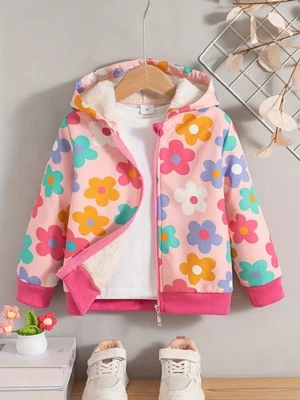 Cómoda chaqueta polar con capucha y cremallera frontal con estampado floral para niñas Foto 1 de 4