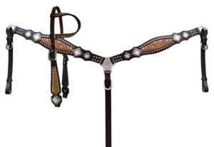Showman Leder Kopfstütze/Brustkragen mit Rindsleder-Inlays & Kristallstrasssteinen - Bild 1 von 3