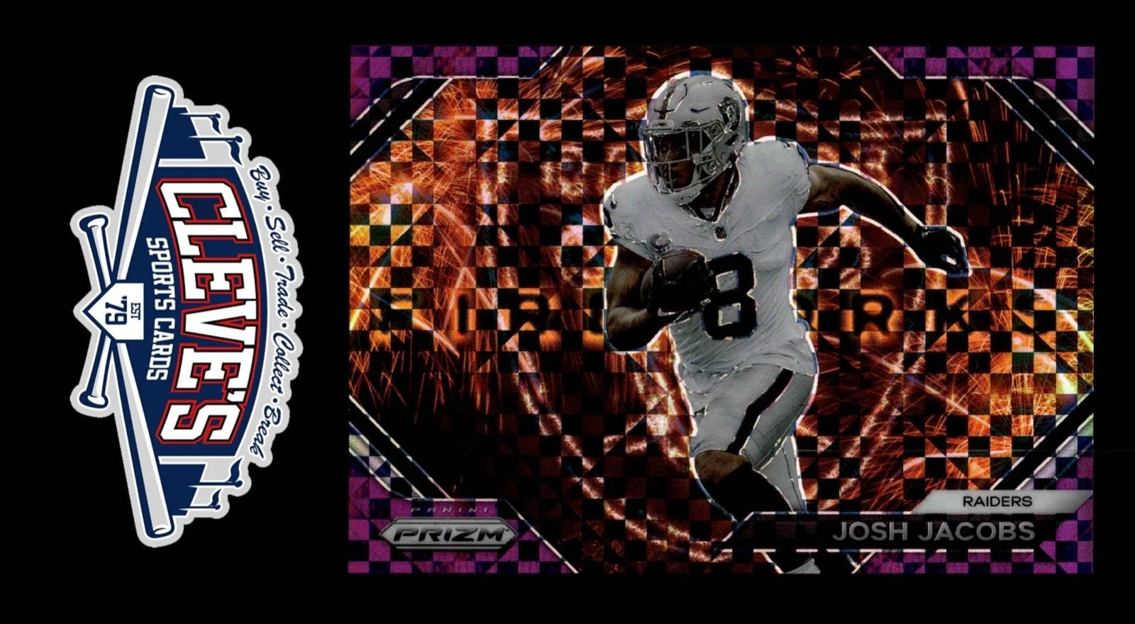 2023 PANINI PRIZM JOSH JACOBS 27/49 PURPLE POWER FIREWORKS LAS VEGAS RAIDERS