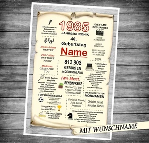 Schild Karte Urkunde Geb. 1985 40. Geburtstag 40 Jahre - Chroniken Geschenk 2025 - Bild 1 von 1