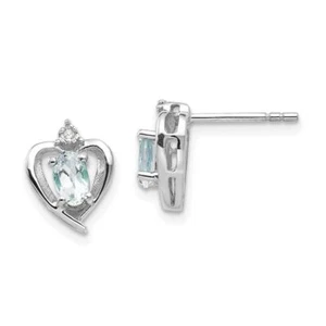 14K Solid White Gold Aquamarine Diamond Heart Stud Earrings - Picture 1 of 5
