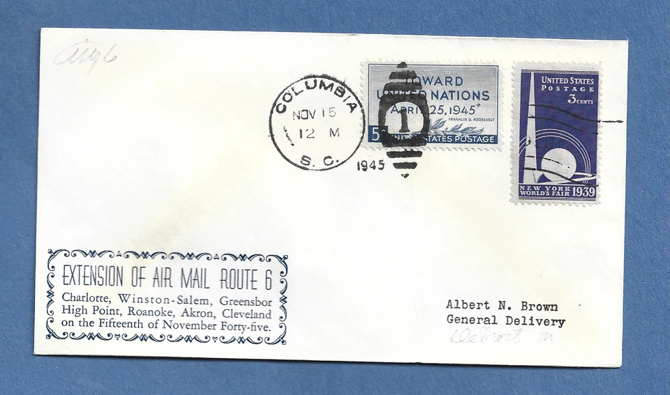FIRST FLIGHT ROUTE 6 COLUMBIA S.C TO DETROIT NOV 15,1945 BROWN - Image 1 of 1
