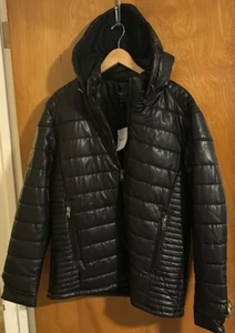 Black Puffer Jacket Mens Large Zip Pockets Faux Leather - Picture 1 of 5