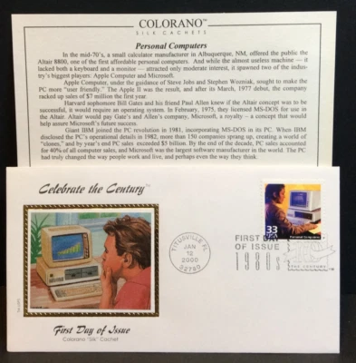 Colorano Silk ~ Celebrate the Century FDC ~ COMPUTADORAS PERSONALES con tarjeta de información Foto 1 de 2