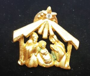 90s Vintage Gold Toned Nativity Christmas Pin - Lapel, Tie Tac - Mary, Jesus