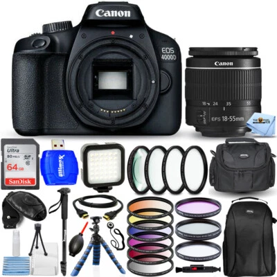 Canon EOS 4000D/Rebel T100 with 18-55mm + 64GB + Filter Kit + Backpack Bundle - Image 1 of 4