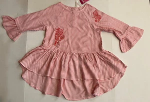 Max Girl’s Stripped Pink n White Size 11-12 Embroidery Long Waist Pleated Shirt - Picture 1 of 4