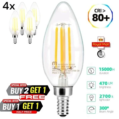 MASTERY MART 4x E14 LED Light Bulbs 4W Small Screw Clear Candle Filament Led Bulbs Warm White