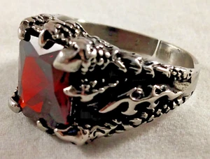 Men's Stainless Steel Ring-Dragon Claws Holding Ruby Red Stone-Size 11 - Picture 1 of 6
