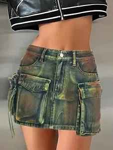 Women Denim Short Skirt Asymmetric Large Pocket Water Wash Cargo Mid Rise Sexy - Picture 1 of 21