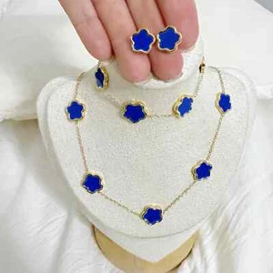 18K Gold Plated Blue Flower Necklace Set stainless steel Womens Jewelry New - Picture 1 of 7