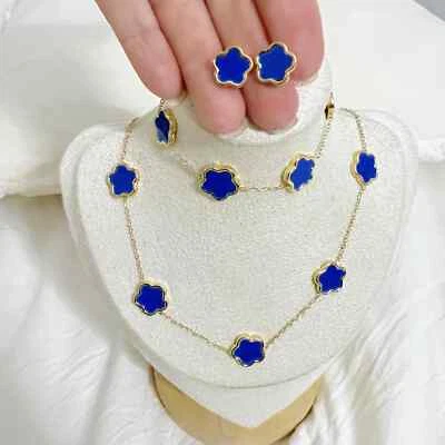 Nuevo conjunto de collar de flores azules enchapado en oro de 18 quilates de acero inoxidable para mujer Foto 1 de 4