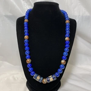 Vintage Chinese Lapis Lazuli Royal Blue Porcelain Bead Necklace - Picture 1 of 6