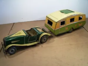 TINPLATE CLOCKWORK METTOY MG SPORTS CAR AND CARAVAN (1940's) - Picture 1 of 14