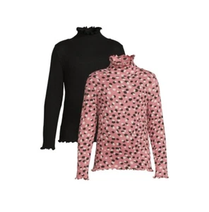 Wonder Nation Girls Long Sleeve Ribbed Turtle Neck Top 2-Pack Coral Castle/Black - Picture 1 of 6