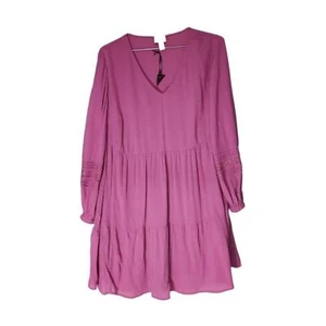 NEW Ava & Viv Long Sleeve Tiered Dress Rose Puff Sleeve V-Neck Knee Length Sz X - Picture 1 of 8