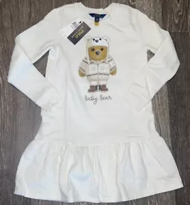 Polo Ralph Lauren Bear Long Sleeve Fleece Dress Girls Size 8-10 - Picture 1 of 8