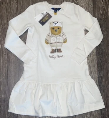 Polo Ralph Lauren Bear Long Sleeve Fleece Dress Girls Size 8-10 - Image 1 of 4