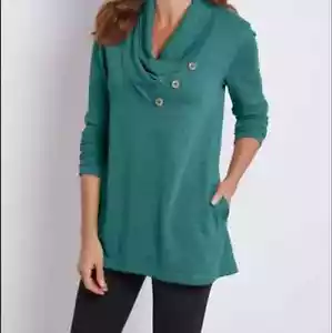 NEW $90 SOFT SURROUNDINGS Westminster Tunic French terry Top Cowl Teal Womens L - Picture 1 of 8