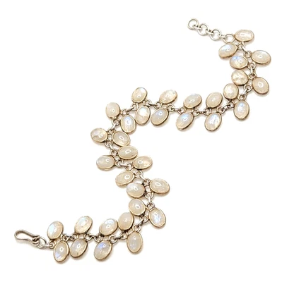 Sterling Silver Rainbow Moonstone Oval Cabochons Bracelet, 7.25"-8" Adjustable - Image 1 of 4