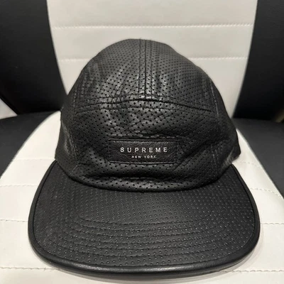 Gorra de campamento de 5 paneles de cuero perforado Supreme New York azul marino USADA SS14 - rara EE. UU. Foto 1 de 4