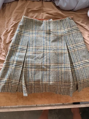 Vintage 1970s Small Jackfin women's tan tartan plaid pleated wool mini skirt - Image 1 of 4