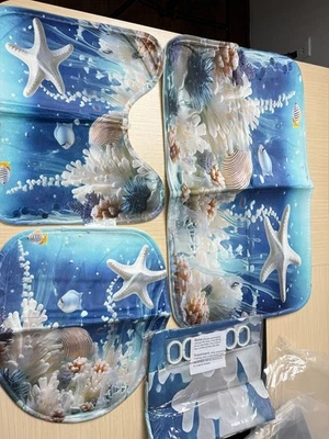 "BIG SALE" Brand new bathroom curtain set 4pcs - Rug, Seat, Lid and Curtains set - Image 1 of 4