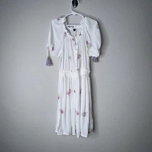Abito Rio bambina tg 9-10 bianco ricamato floreale viola nappe estivo aderente svasato - Foto 1 di 9