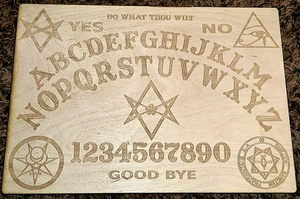 Wooden Ouija Board & Planchette w/ Aleister Crowley Symbols Engraved On Wood - Picture 1 of 9