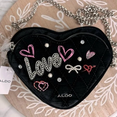 Nuevo con etiquetas Bolso Bandolera Aldo Negro Corazón Adornado Bling Cadena Plateada Foto 1 de 4