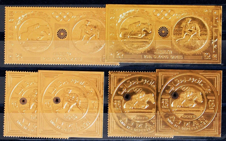 AJMAN 1972 OLIMPÍADAS, SEM MARCA DE CHARNEIRA/** Imperfurado + Perf Selos de Ouro + SS, Boxe, Equitação - Imagem 1 de 1