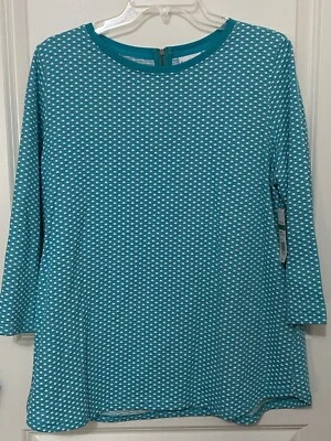 Kim Rogers Turquoise Blue Top Large White Dots Woven Look 3/4 Sleeve NEW - Изображение 1 из 4