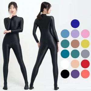 MJINM Stretch Shiny Bodybuilding sports  Jumpsuit Women Zipper Long Sleeve Slim - Picture 1 of 34