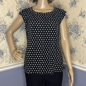 Candies Black & White Polka Dot Heart Blouse W/ Pearl Bead Collar Detail, Size S - Picture 1 of 11
