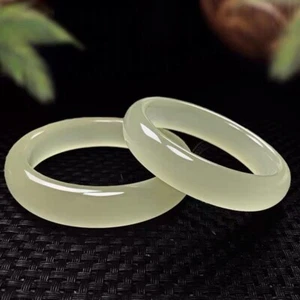 Natural Icy Green Jade Carved Wide Bangle Bracelet Afghan Jade Inner 54-62mm - Picture 1 of 12