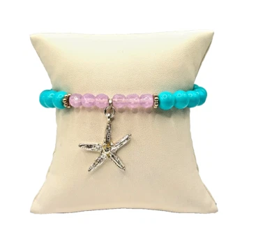Turquoise & Lavender Beaded Stretch Bracelet with Starfish Charm – Beach Vibes - Image 1 of 4