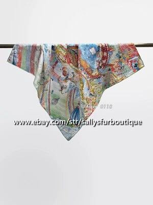 Sallys 14~18 Momme Twill Silk Wrap Scarf Rainbow House Print Square Shawl 35" - Image 1 of 4