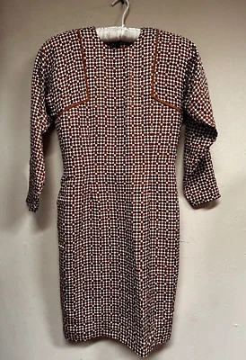 Vestido recto vintage Julie Francis marrón estampado geométrico seda talla 4 manga Dolman Foto 1 de 4