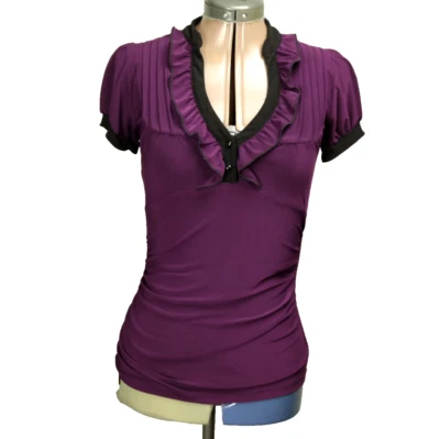 Top Trixxi Y2K con Volantes Cuello en V Manga Corta Globo Plisado Acanalado Frontal Púrpura M Foto 1 de 4