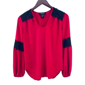 Karen Kane Long Sleeves 4L28286 Red w/Black Lace Inset Rayon Blouse - MSRP $98 - Picture 1 of 8