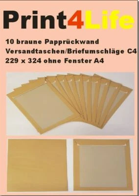 10 braune Papprückwand Versandtaschen/Briefumschläge C4 229 x 324 o. Fenster A4