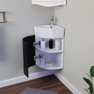 White and Black Wall Mount Corner Bathroom Vanity Cabinet Sink - Picture 1 of 9