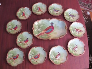 Antique Limoges Coronet France Signed Bird Plates + Platter, Gold Rimmed 12PCS - Picture 1 of 15