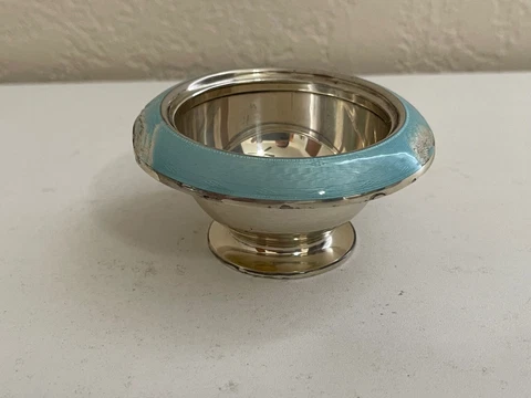 Antique Foster & Bailey Sterling Silver & Blue Guilloche Enamel Master Salt Dish Cover