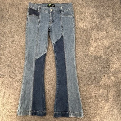 Frankie and the Studs Forever 21 Jeans Womens XL Blue Patchwork Flare Y2K Style - Image 1 of 4